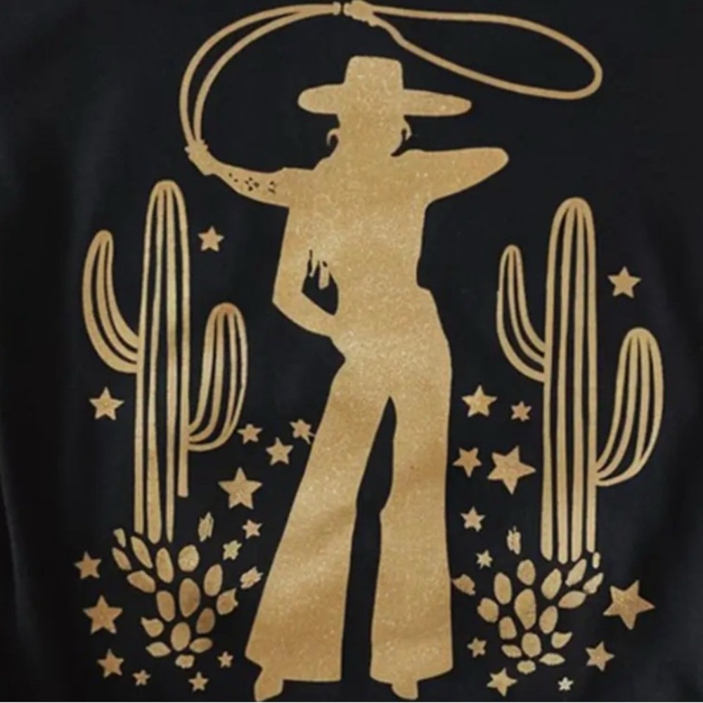 WESTERN Cowgirl with Gold Rope and Cactus Black Crewneck Short Sleeve Tee Shirt - Picture 3 of 4